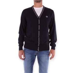 Fred Perry Men's V-Neck Embroidered Logo Merino Wool Cardigan Navy Blue Large